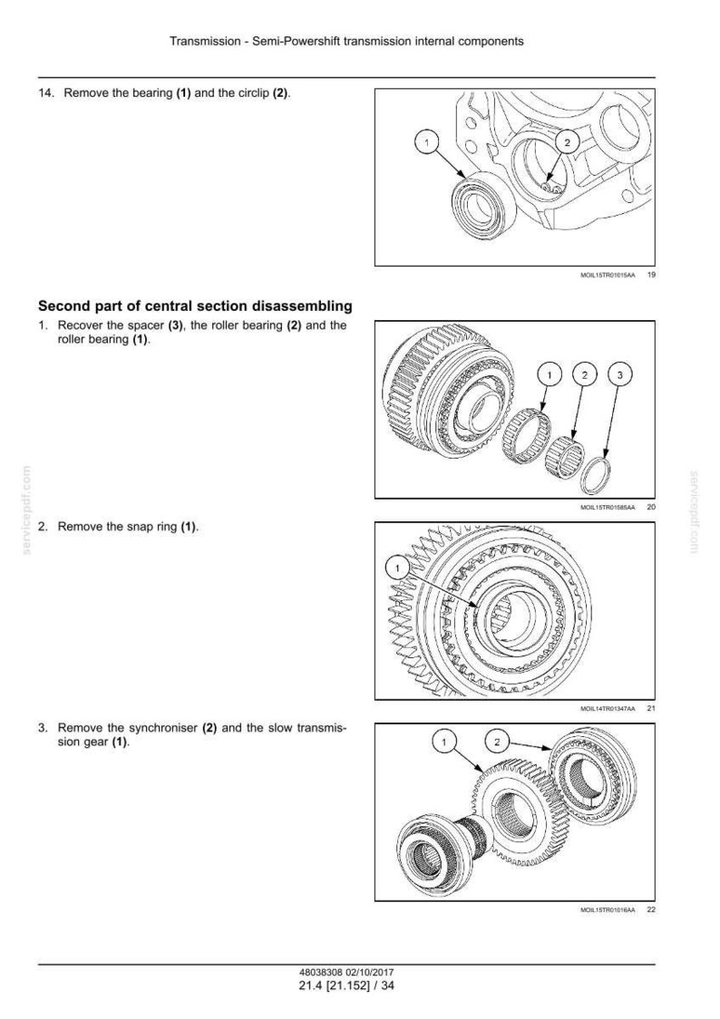 May include: Diagram of semi-powershift transmission internal components. The image shows detailed illustrations of parts, including bearings, circlips, spacers, snap rings, synchronizers, and gears. Text labels identify each component for disassembly.