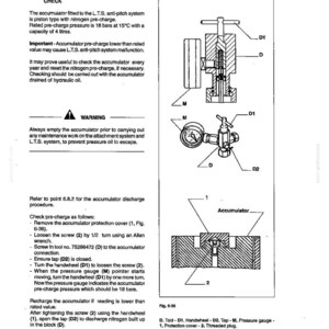 May include: A technical diagram from a manual, featuring illustrations of an accumulator and its components. The diagram includes labels for handwheels, taps, and pressure gauges, with text describing pre-charge checks and safety precautions. The text includes the title "L.T.S. ACCUMULATOR PRE-CHARGE CHECK".