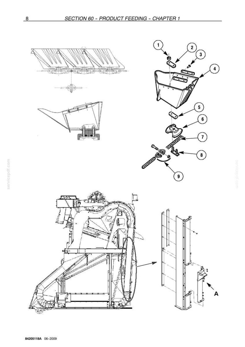 May include: An engineering diagram with multiple views of agricultural machinery components. The diagram includes detailed illustrations of parts labeled with numbers and a section title: "SECTION 60 - PRODUCT FEEDING - CHAPTER 1."