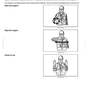 Pu&ograve; includere: Diagrammi che illustrano i segnali manuali per il funzionamento dei macchinari. Le immagini mostrano una persona con un casco di sicurezza che dimostra i segnali per "Avviare il motore", "Arrestare il motore" e "Vieni da me". Il testo fornisce informazioni sulla sicurezza.