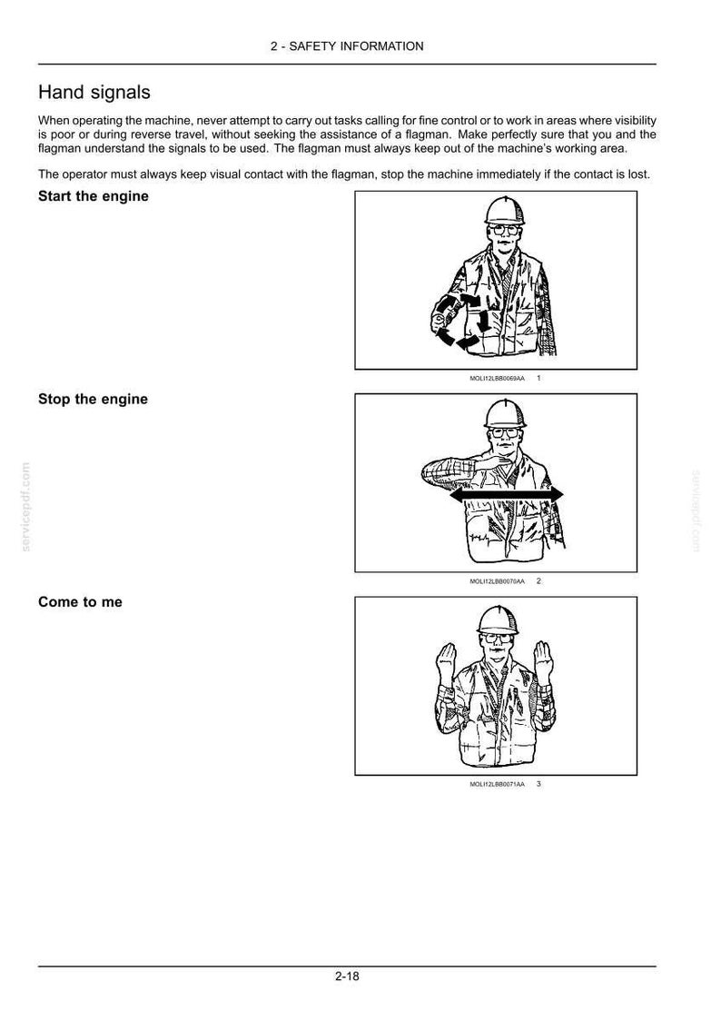 Pu&ograve; includere: Diagrammi che illustrano i segnali manuali per il funzionamento dei macchinari. Le immagini mostrano una persona con un casco di sicurezza che dimostra i segnali per "Avviare il motore", "Arrestare il motore" e "Vieni da me". Il testo fornisce informazioni sulla sicurezza.