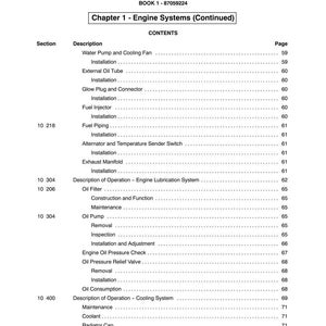 May include: A printed page from a manual, titled "SECTION 10 - ENGINE." The page lists engine system components, including water pump, oil filter, and fuel injector, with corresponding page numbers. The text is black on a white background.