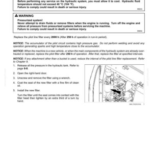 May include: A page from a maintenance manual detailing the replacement of a pilot line filter. The text includes warnings about burn hazards and pressurized systems, with instructions on how to replace the filter. A diagram shows the filter location.