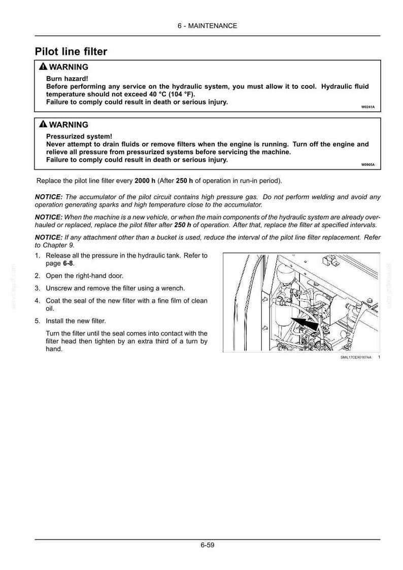 May include: A page from a maintenance manual detailing the replacement of a pilot line filter. The text includes warnings about burn hazards and pressurized systems, with instructions on how to replace the filter. A diagram shows the filter location.