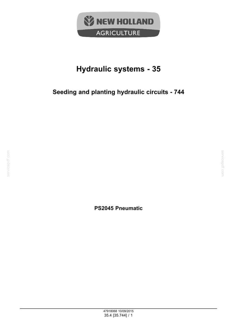 May include: A white page with the New Holland Agriculture logo at the top. Text includes "Hydraulic systems - 35", "Seeding and planting hydraulic circuits - 744", and "PS2045 Pneumatic".