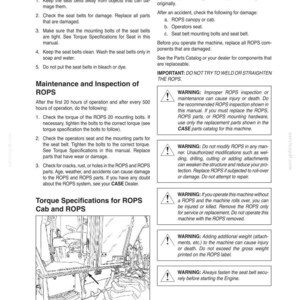 May include: Page from a manual detailing seat belt maintenance, ROPS inspection, and torque specifications for a cab and ROPS system. Includes warnings about safety and proper procedures. The text is in black font on a white background.