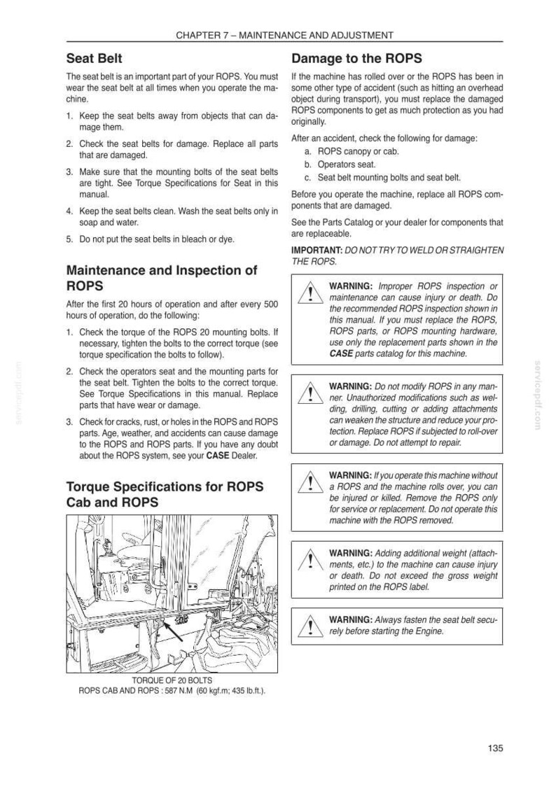 May include: Page from a manual detailing seat belt maintenance, ROPS inspection, and torque specifications for a cab and ROPS system. Includes warnings about safety and proper procedures. The text is in black font on a white background.
