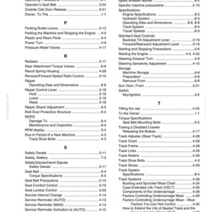 May include: A printed index page from a manual, listing various mechanical components and their corresponding page numbers. The text is black on a white background, organized in alphabetical order, covering topics like track systems and safety decals.