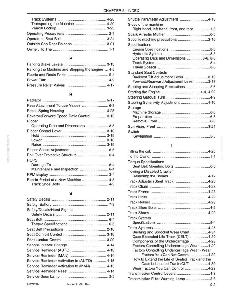 May include: A printed index page from a manual, listing various mechanical components and their corresponding page numbers. The text is black on a white background, organized in alphabetical order, covering topics like track systems and safety decals.