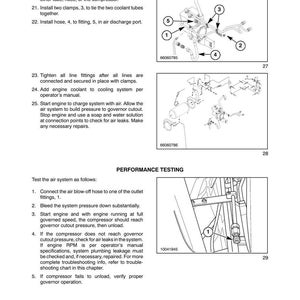 Pode incluir: Uma p&aacute;gina de manual t&eacute;cnico intitulada SECTION 90 - PLATFORM, CAB, BODYWORK, DECALS - CHAPTER 3, apresentando instru&ccedil;&otilde;es de instala&ccedil;&atilde;o numeradas para mangueiras e bra&ccedil;adeiras, acompanhadas por tr&ecirc;s desenhos de linha a preto e branco numerados.