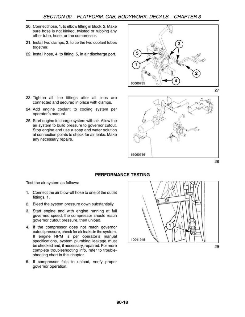 Pode incluir: Uma p&aacute;gina de manual t&eacute;cnico intitulada SECTION 90 - PLATFORM, CAB, BODYWORK, DECALS - CHAPTER 3, apresentando instru&ccedil;&otilde;es de instala&ccedil;&atilde;o numeradas para mangueiras e bra&ccedil;adeiras, acompanhadas por tr&ecirc;s desenhos de linha a preto e branco numerados.