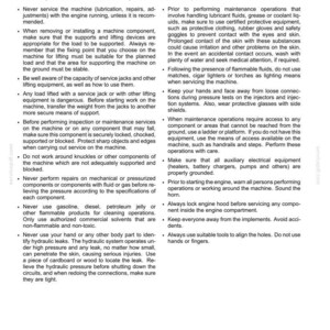 May include: A technical document page titled 7-MAINTENANCE containing black text on a white background. The content outlines safety procedures for machine inspection and maintenance, including warnings about flammable fluids, lifting equipment, and hydraulic leaks.