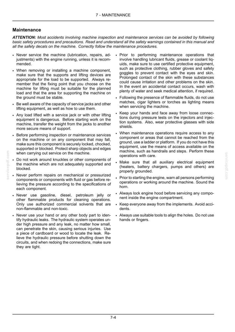 May include: A technical document page titled 7-MAINTENANCE containing black text on a white background. The content outlines safety procedures for machine inspection and maintenance, including warnings about flammable fluids, lifting equipment, and hydraulic leaks.