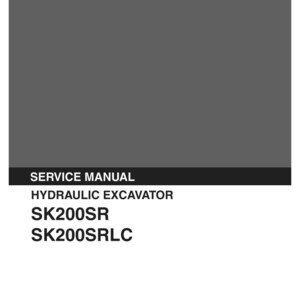 May include: A gray service manual for a Kobelco hydraulic excavator. The cover features the text KOBELCO, SERVICE MANUAL, HYDRAULIC EXCAVATOR, SK200SR, SK200SRLC, and the applicable serial numbers YB01-01001 and LA01-01001 with code S5YB0001E-03 03/04.