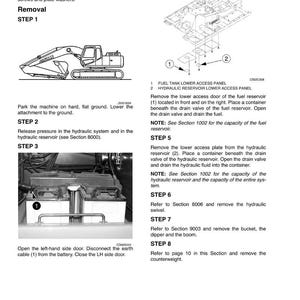 May include: A technical manual page with instructions for machine maintenance. The page includes diagrams of machine components, step-by-step instructions, and safety warnings. The text includes terms like "hydraulic reservoir" and "drain valve."
