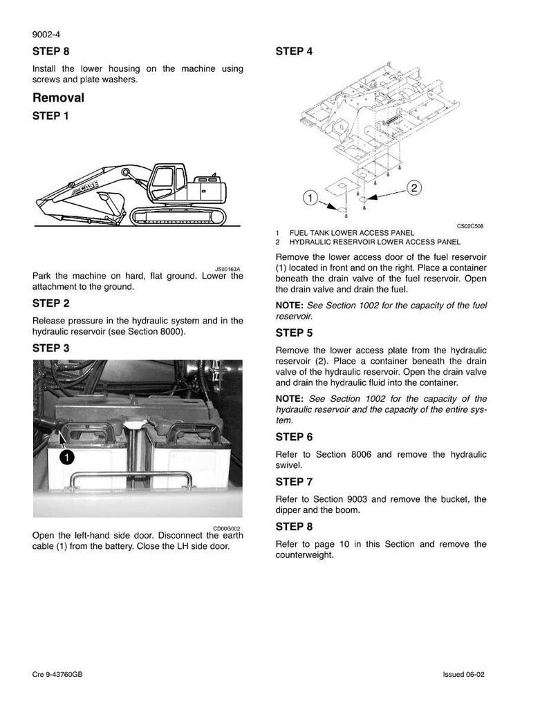 May include: A technical manual page with instructions for machine maintenance. The page includes diagrams of machine components, step-by-step instructions, and safety warnings. The text includes terms like "hydraulic reservoir" and "drain valve."