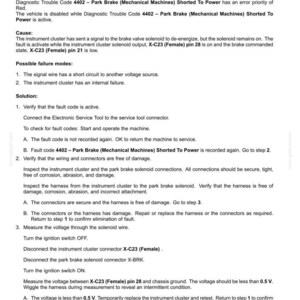 May include: Document with electrical system fault codes, including "4402 - Park Brake (Mechanical Machines) Shorted To Power." The text provides troubleshooting steps, possible failure modes, and wiring harness details for automotive repair.