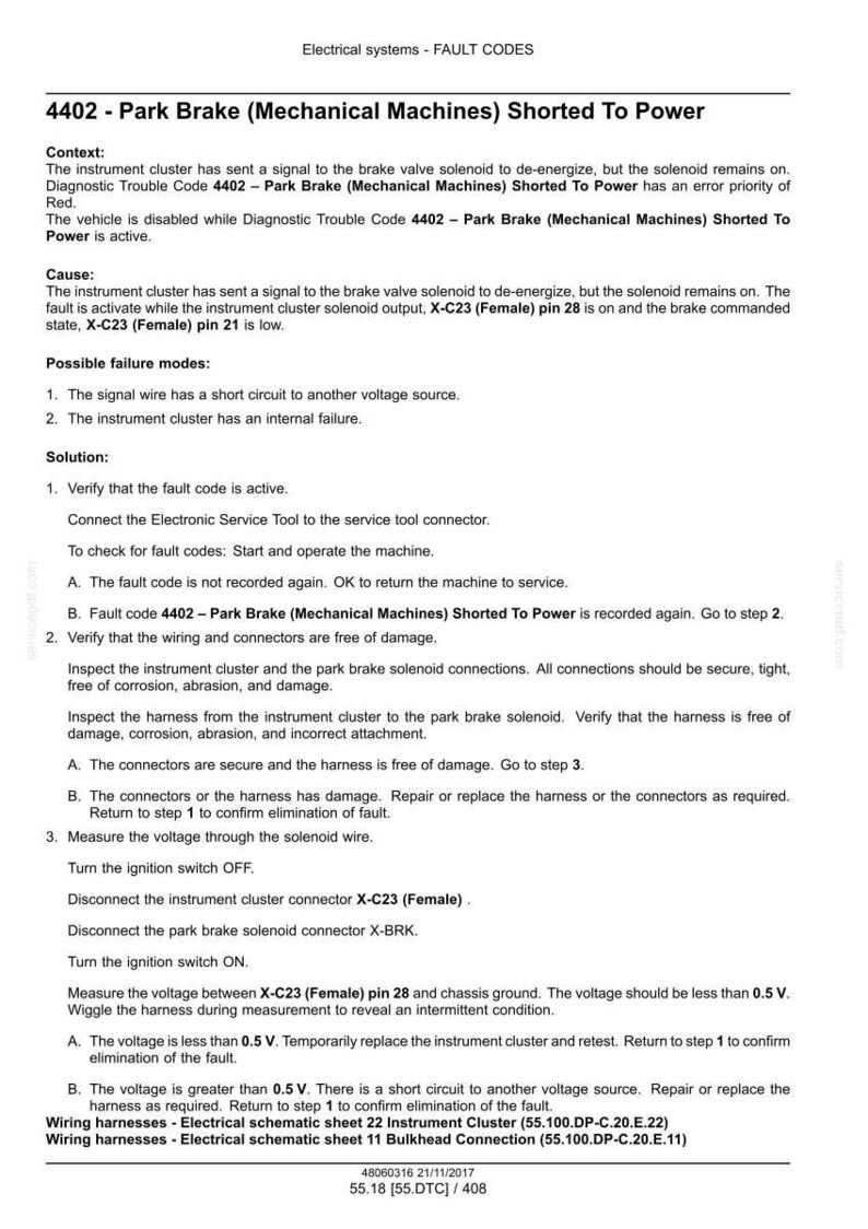 May include: Document with electrical system fault codes, including "4402 - Park Brake (Mechanical Machines) Shorted To Power." The text provides troubleshooting steps, possible failure modes, and wiring harness details for automotive repair.