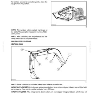 May include: Diagram showing a one-piece dipper boom (CX75SR, CX80) with numbered grease points. Text provides instructions on lubrication and maintenance of the machinery, including notes on the process.
