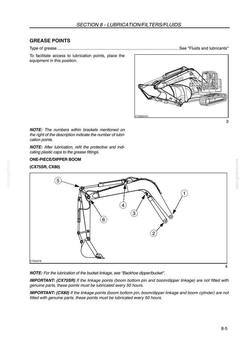 May include: Diagram showing a one-piece dipper boom (CX75SR, CX80) with numbered grease points. Text provides instructions on lubrication and maintenance of the machinery, including notes on the process.