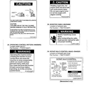 May include: A technical document page titled Section I - SAFETY PRECAUTIONS, featuring four distinct safety labels for heavy machinery. Each label includes a bold header, warning text, part numbers, and diagrams illustrating specific hazards.