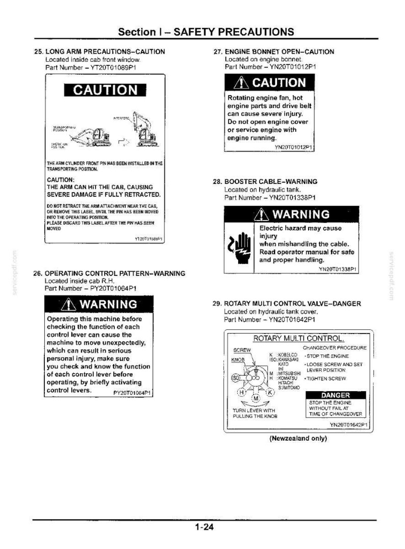May include: A technical document page titled Section I - SAFETY PRECAUTIONS, featuring four distinct safety labels for heavy machinery. Each label includes a bold header, warning text, part numbers, and diagrams illustrating specific hazards.