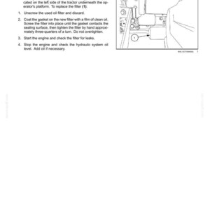 Puede incluir: Una p&aacute;gina de manual t&eacute;cnico titulada 7 - MAINTENANCE Oil filter - Replace. Incluye instrucciones para reemplazar un filtro de aceite en un tractor, con un dibujo lineal que muestra la ubicaci&oacute;n del filtro marcada con el n&uacute;mero 1 y la p&aacute;gina 7-33.