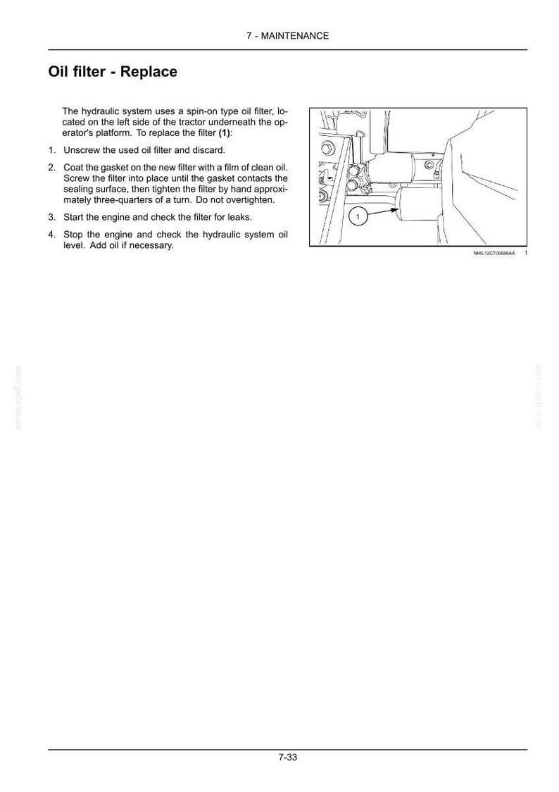 Puede incluir: Una p&aacute;gina de manual t&eacute;cnico titulada 7 - MAINTENANCE Oil filter - Replace. Incluye instrucciones para reemplazar un filtro de aceite en un tractor, con un dibujo lineal que muestra la ubicaci&oacute;n del filtro marcada con el n&uacute;mero 1 y la p&aacute;gina 7-33.