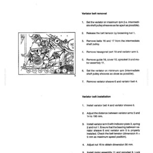 May include: A technical manual page for New Holland threshing equipment, specifically the drum variator. It includes a black and white line drawing of mechanical parts labeled 1, 5, 10, 16, 17, 18, 19, and instructions for belt removal and installation.