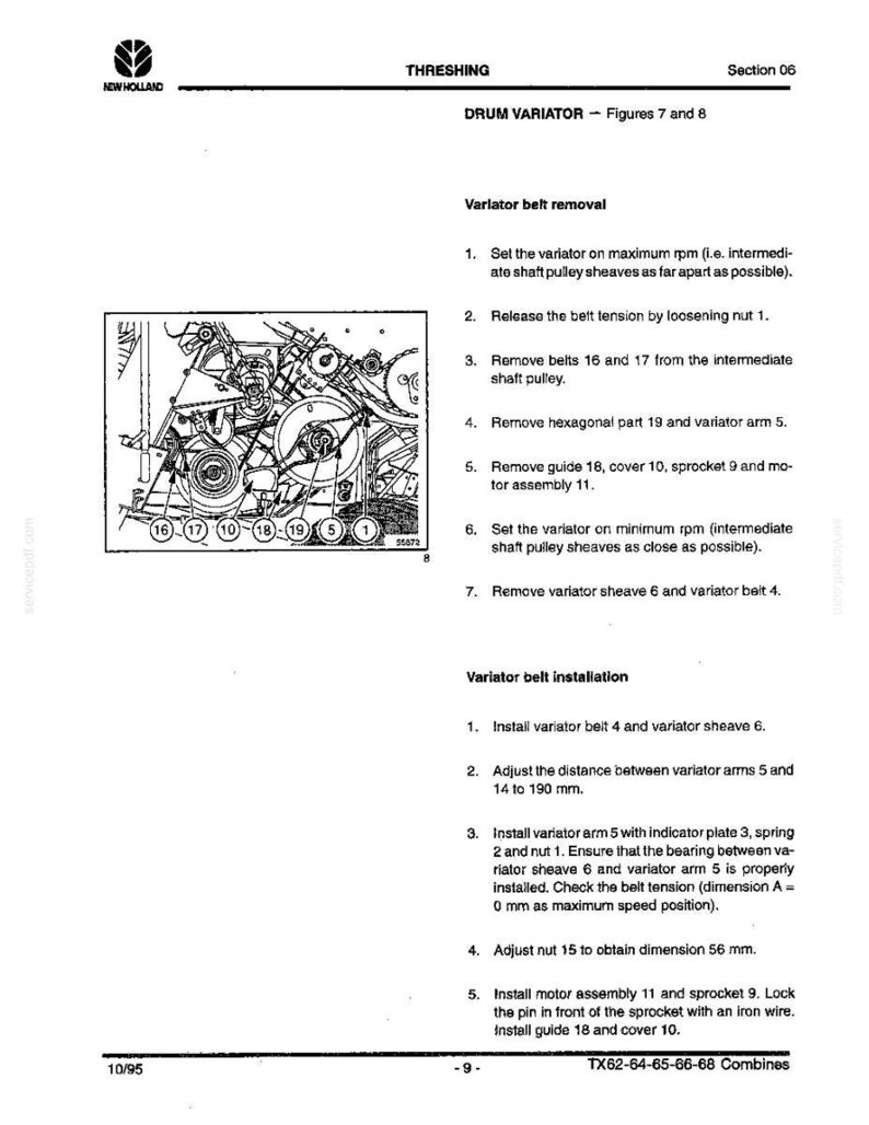 May include: A technical manual page for New Holland threshing equipment, specifically the drum variator. It includes a black and white line drawing of mechanical parts labeled 1, 5, 10, 16, 17, 18, 19, and instructions for belt removal and installation.