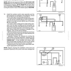 Op de afbeelding: Diagram van hydraulische systemen met afstandsbedieningsventielen, met de installatie van gereedschappen en apparatuur. Bevat diagrammen met genummerde componenten en tekstinstructies, met metingen in bar en l/min.