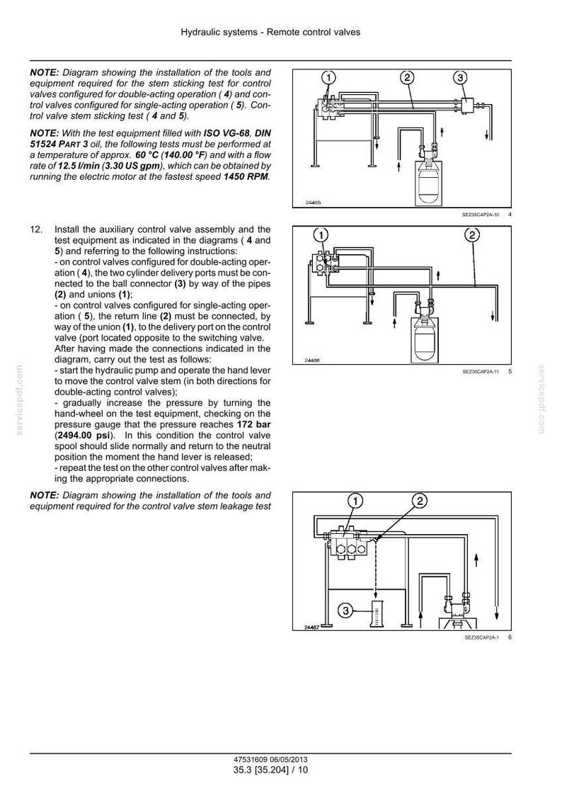 Op de afbeelding: Diagram van hydraulische systemen met afstandsbedieningsventielen, met de installatie van gereedschappen en apparatuur. Bevat diagrammen met genummerde componenten en tekstinstructies, met metingen in bar en l/min.