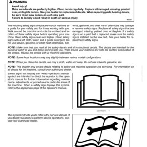 May include: A technical document page titled 2-SAFETY INFORMATION featuring a warning box about safety decals. It includes text instructions on maintenance and two black and white icons: an open book and an open book with a wrench symbol inside.