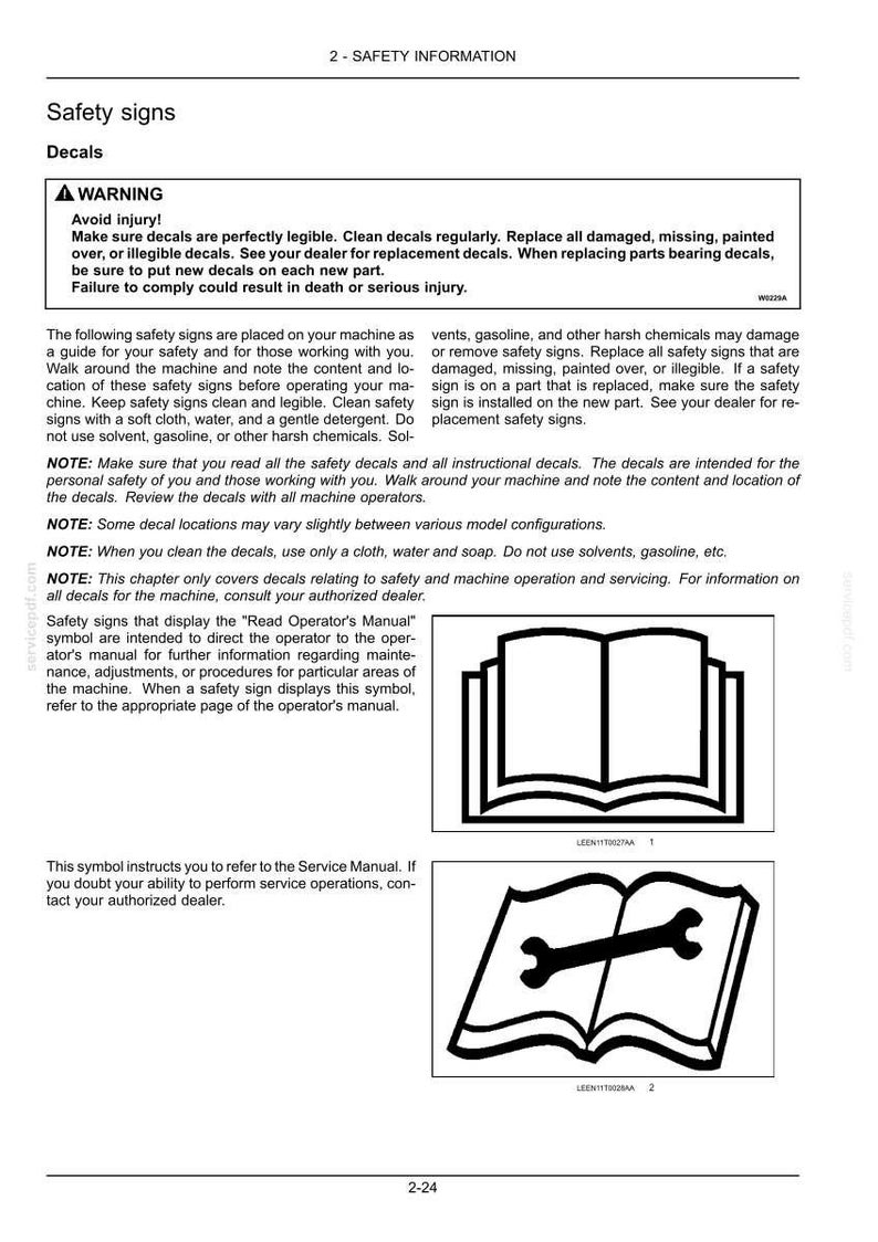 May include: A technical document page titled 2-SAFETY INFORMATION featuring a warning box about safety decals. It includes text instructions on maintenance and two black and white icons: an open book and an open book with a wrench symbol inside.