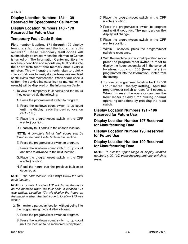 May include: A printed page with instructions for a machine's display functions. The text includes details on fault codes, display locations, and reset procedures. The document is titled "4005-30" and includes diagrams and notes.