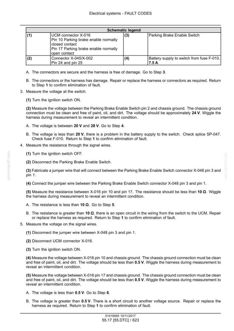 May include: Diagram of electrical system fault codes, including a schematic legend with connector and switch details. Instructions for voltage and resistance measurements are provided to diagnose and resolve issues.