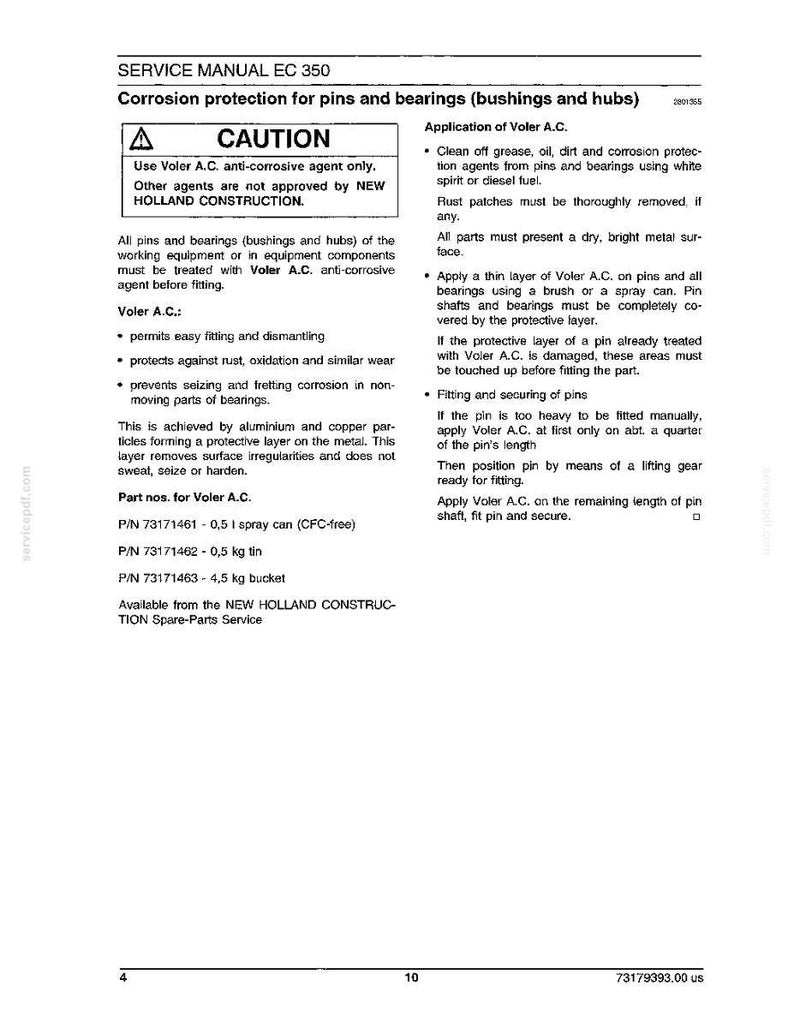 May include: A page from a service manual, titled "SERVICE MANUAL EC 350." The document details corrosion protection for pins and bearings, with instructions for applying Voler A.C. anti-corrosive agent. Includes part numbers and application steps.