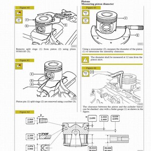 May include: Technical diagram of engine pistons, featuring detailed illustrations and measurements. Includes figures for removing split rings, measuring piston diameter with a micrometer, and checking clearance with a feeler gauge. Measurements are in inches and millimeters.