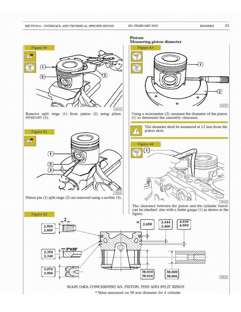 May include: Technical diagram of engine pistons, featuring detailed illustrations and measurements. Includes figures for removing split rings, measuring piston diameter with a micrometer, and checking clearance with a feeler gauge. Measurements are in inches and millimeters.