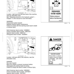 May include: A page from a manual with safety information. It includes diagrams and warnings about pressurized systems and run-over hazards. The text provides instructions and decal numbers for different regions.