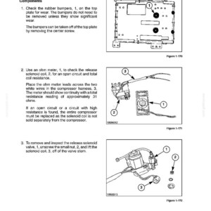 May include: A technical manual page titled SECTION 1 - ELECTRICAL SYSTEM featuring three diagrams. Figure 1-170 shows a seat suspension plate with rubber bumpers. Figure 1-171 illustrates an ohm meter testing a release solenoid coil. Figure 1-172 displays the removal of a release solenoid valve and coil.
