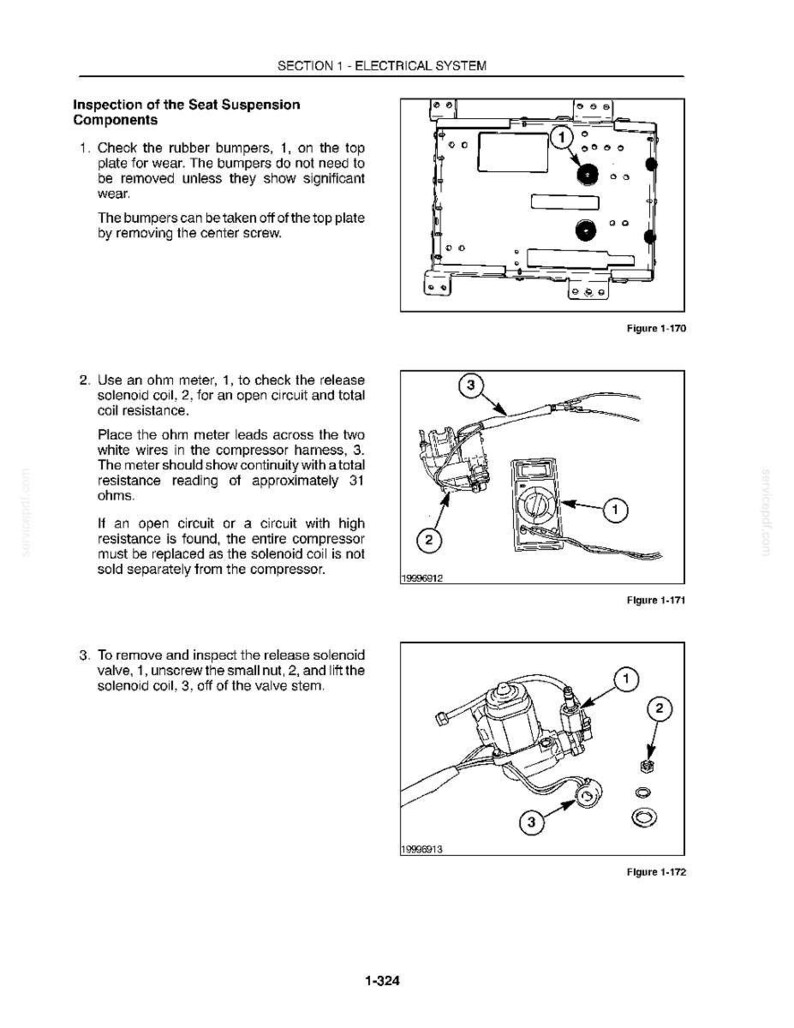 May include: A technical manual page titled SECTION 1 - ELECTRICAL SYSTEM featuring three diagrams. Figure 1-170 shows a seat suspension plate with rubber bumpers. Figure 1-171 illustrates an ohm meter testing a release solenoid coil. Figure 1-172 displays the removal of a release solenoid valve and coil.