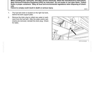 Op de afbeelding: Diagram van een brandstoftank met een pijl naar de aftapplug. De afbeelding bevat tekst over chemische gevaren en instructies voor het onderhoud van de brandstoftank, inclusief het verwijderen van de aftapplug.