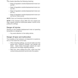 Peut inclure: Document blanc intitul&eacute; "Travel motor - Check" avec des instructions pour les syst&egrave;mes hydrauliques. Il comprend des avertissements de s&eacute;curit&eacute; et des instructions de maintenance. Le document est un manuel technique.