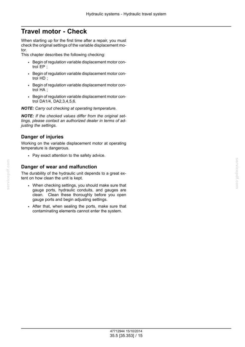 Peut inclure: Document blanc intitul&eacute; "Travel motor - Check" avec des instructions pour les syst&egrave;mes hydrauliques. Il comprend des avertissements de s&eacute;curit&eacute; et des instructions de maintenance. Le document est un manuel technique.
