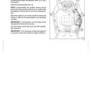May include: Diagram showing the interior of a machine with numbered parts. Instructions explain how to stop the engine, including checking levers, raising the parking brake, and turning the starter switch key to the OFF position.
