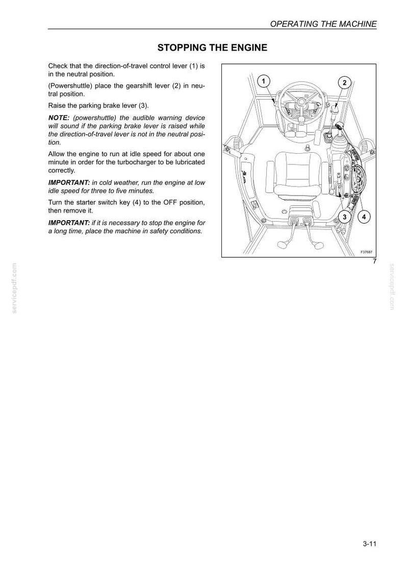 May include: Diagram showing the interior of a machine with numbered parts. Instructions explain how to stop the engine, including checking levers, raising the parking brake, and turning the starter switch key to the OFF position.