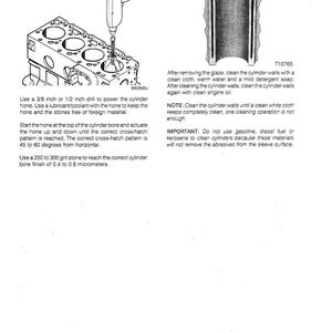 May include: Technical diagram illustrating engine cylinder honing. It features a cylinder block, honing tool, and cylinder cross-section. Text provides instructions for cleaning and honing cylinder walls. The diagram is labelled with steps and part numbers, including measurements in inches.