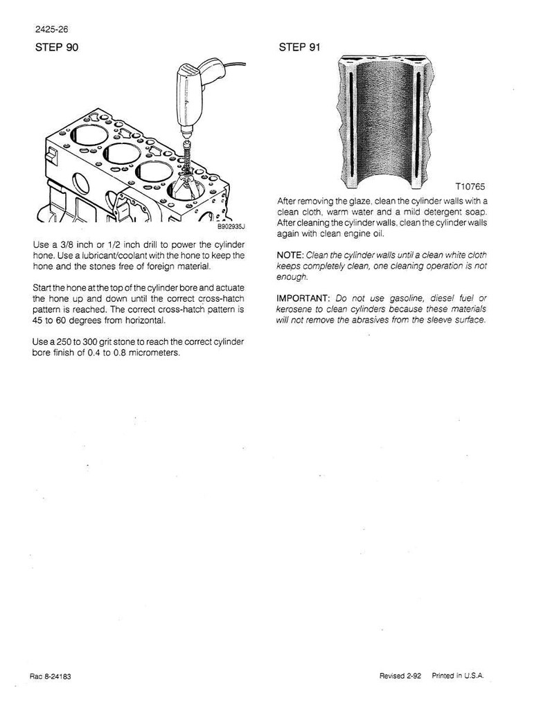 May include: Technical diagram illustrating engine cylinder honing. It features a cylinder block, honing tool, and cylinder cross-section. Text provides instructions for cleaning and honing cylinder walls. The diagram is labelled with steps and part numbers, including measurements in inches.