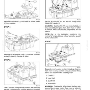 May include: Diagram of mechanical components with numbered parts and instructions for assembly. Steps include removing shafts, securing clutches, and separating housing sections. Text includes warnings about gear chain security.